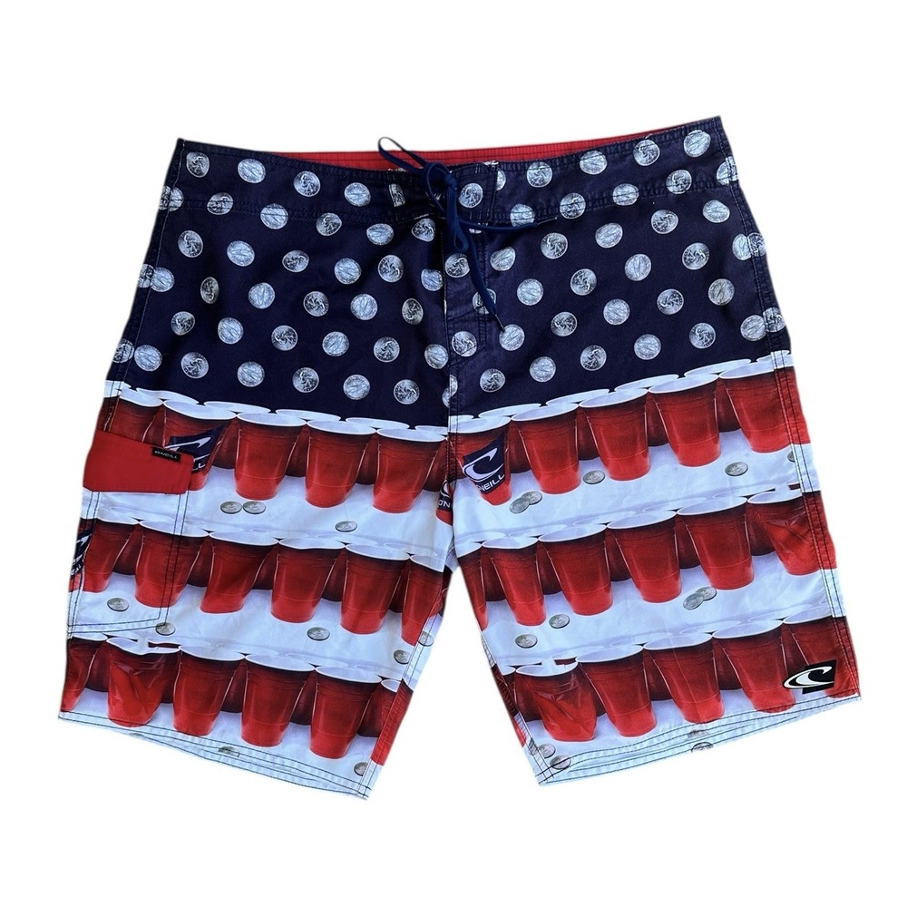 O'Neill Beer Pong Board Shorts Swim Trunks Mens 42 USA Flag‎ Red Solo Cups Pool